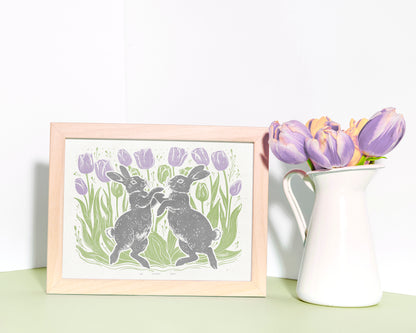 Dancing rabbits with tulips flower and plant Printable linocut prints wall art Relief texture Kids decor Digital downloadable poster Bunnies Bunny rabbit Children kids room wall decor art Funny bedroom home workspace illustration