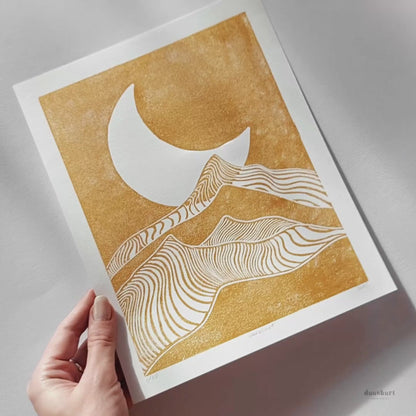 gold abstract moon line mountains 8x10 lino desert landscape mini linocut print modern minimalist original artwork master bedroom decor living room wall art hallway relief block linogravure reading nook boho classical style new home gift mid century modern mindful christmas printmaking bohemian abstract handprint decoration geometric unique dopamine eclectic scandinavian trendy aesthetic above bed man cave apartment housewarming dining room dorm entryway laundry office hostess mom mother