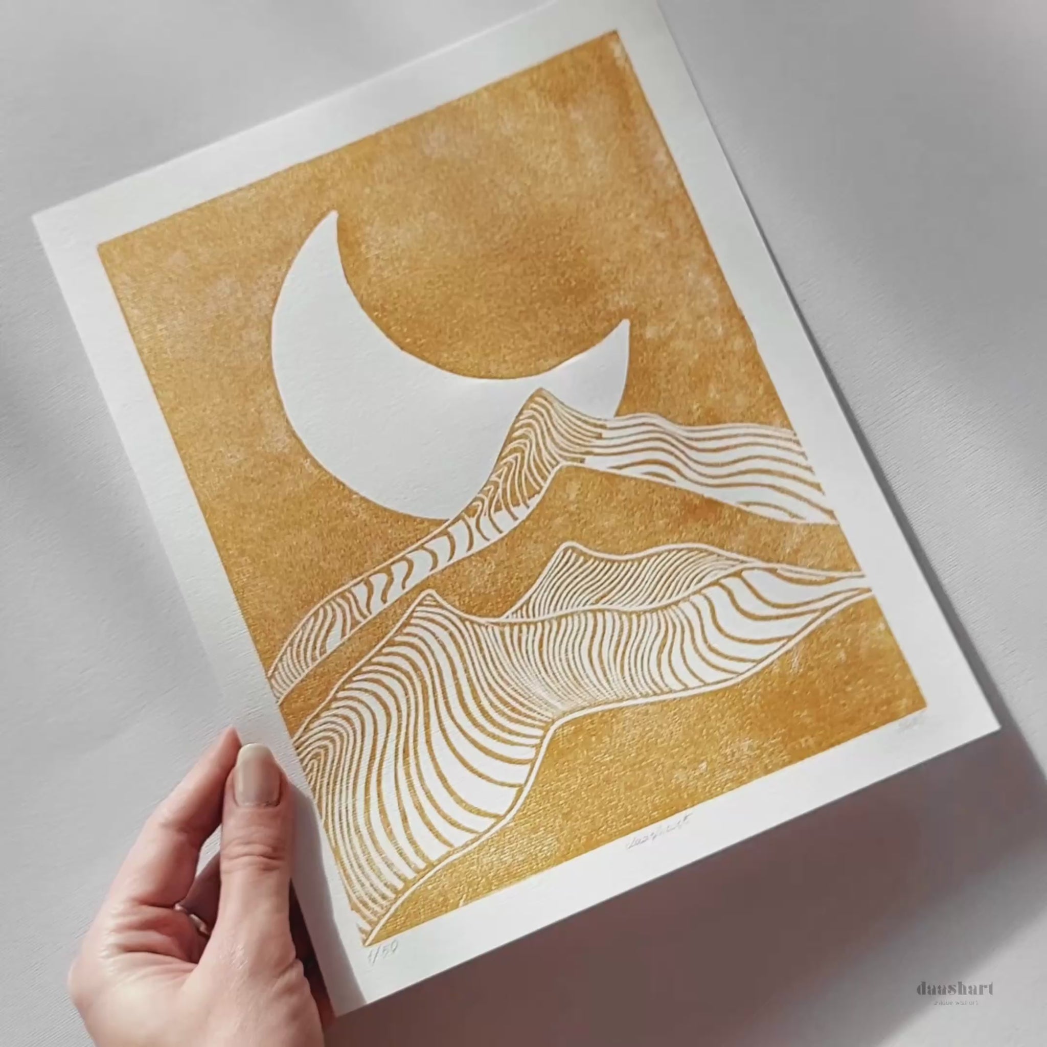 gold abstract moon line mountains 8x10 lino desert landscape mini linocut print modern minimalist original artwork master bedroom decor living room wall art hallway relief block linogravure reading nook boho classical style new home gift mid century modern mindful christmas printmaking bohemian abstract handprint decoration geometric unique dopamine eclectic scandinavian trendy aesthetic above bed man cave apartment housewarming dining room dorm entryway laundry office hostess mom mother