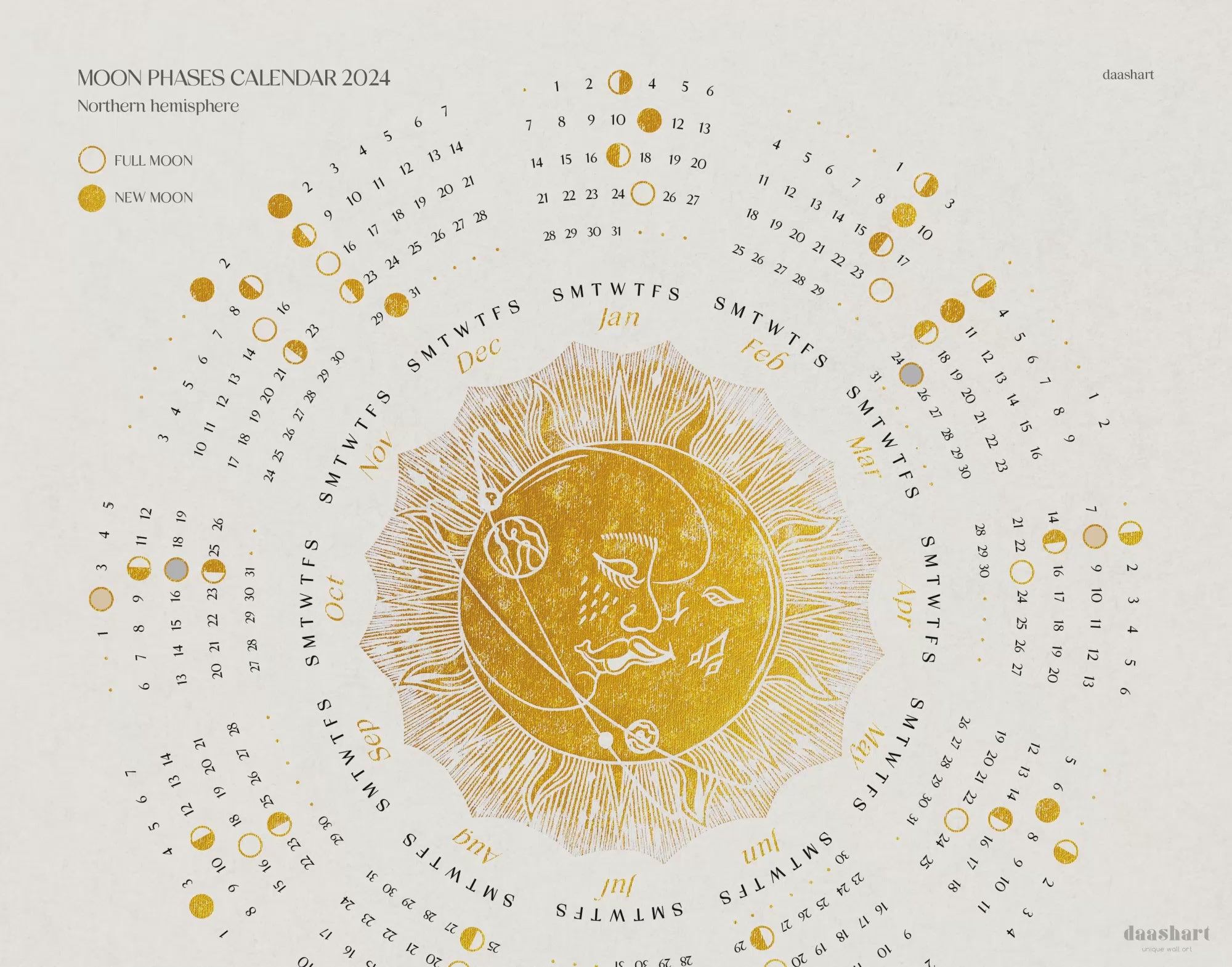 Printable 2024 lunar calendar Gold kiss moon and sun Desktop