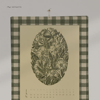trendy sage green printable checkered botanical linocut flowers gingham wall art farmhouse decor home workspace new year gift INSTANT DOWNLOAD