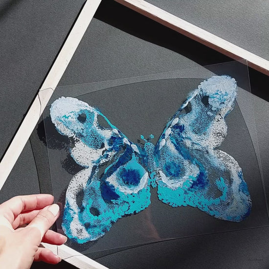 Blue White flexible plexiglass acrylic blue ink abstract butterfly large monotype print fine winter wall art staircase decor new beginnings gift one of a kind original artwork 
quiet luxury art, boyfriend gift, nurse gift, guest bathroom, niece gift from aunt, new mom gift, new job gift, New home gift, new grandma gift, new apartment housewarming gift, living room wall art minimalist, new apartment gift, bedside, dressing room, mid century modern, foyer, spa bathroom, artist studio, reading nook, new home
