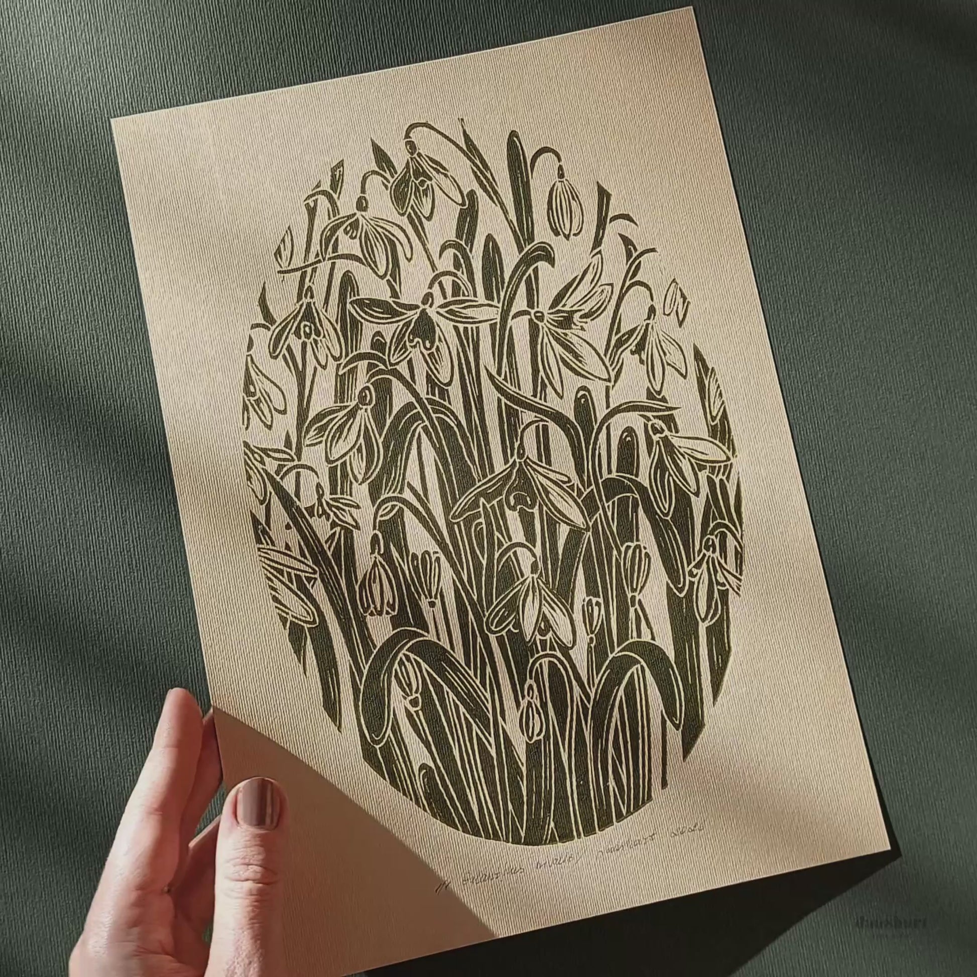 Sage green beige vintage flower art snowdrops flowers rustic linocut print floral lino winter botanical original artwork reading nook decor farm retro primary bedroom european countryside mother gift ideas relief handprint nature linogravure chateaucore hallway block farmhouse living room hostess new apartment for professor home office workspace handmade educational dining entryway kitchen dorm mom wife woman sister girlfriend godmother Present Gratitude family craft room foyer laundry mudroom