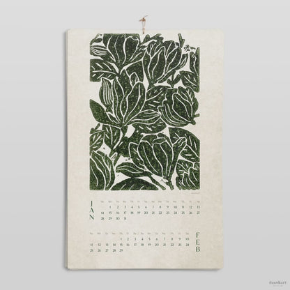 Green retro printable calendar vintage style 2026 wall calendar botanical wall decor linocut flowers 11x17in illustrated calendar modern kitchen art bedroom wall decor home office decor instant download new year 2026 gift floral lino prints 