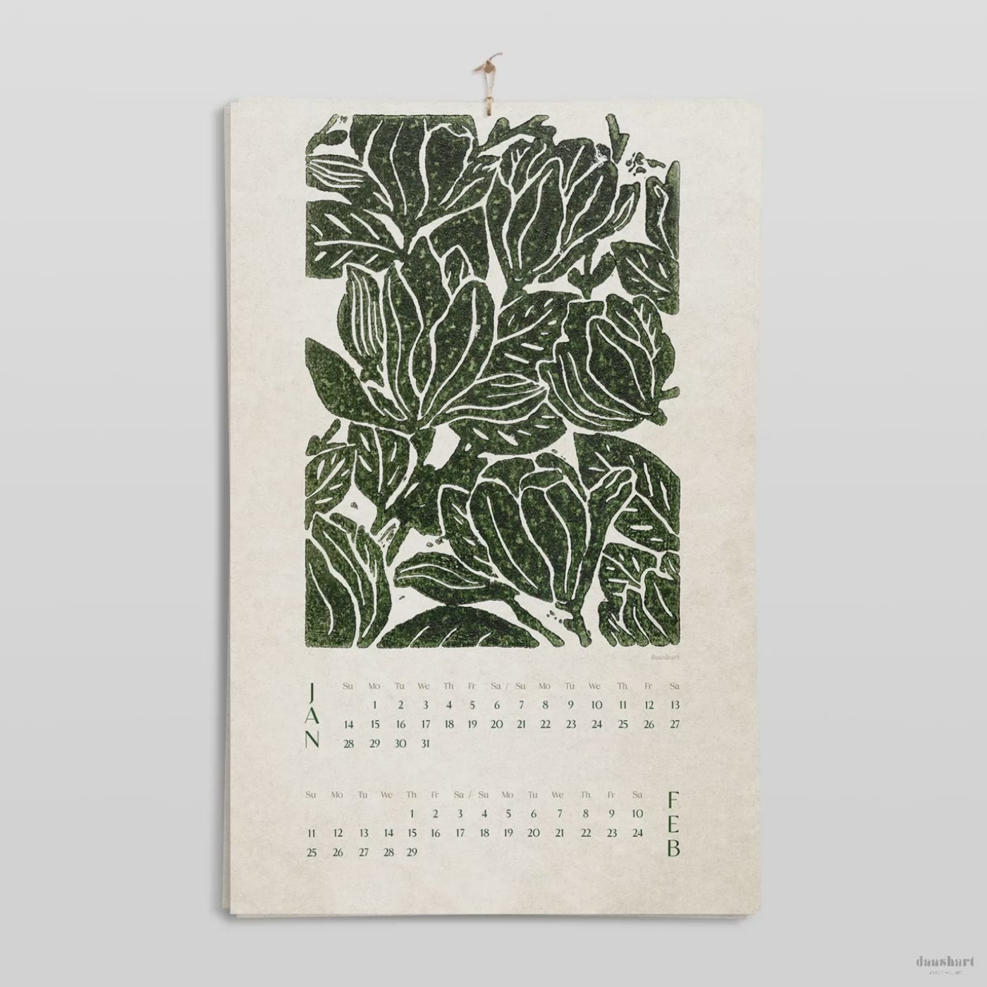 Green retro printable calendar vintage style 2026 wall calendar botanical wall decor linocut flowers 11x17in illustrated calendar modern kitchen art bedroom wall decor home office decor instant download new year 2026 gift floral lino prints 