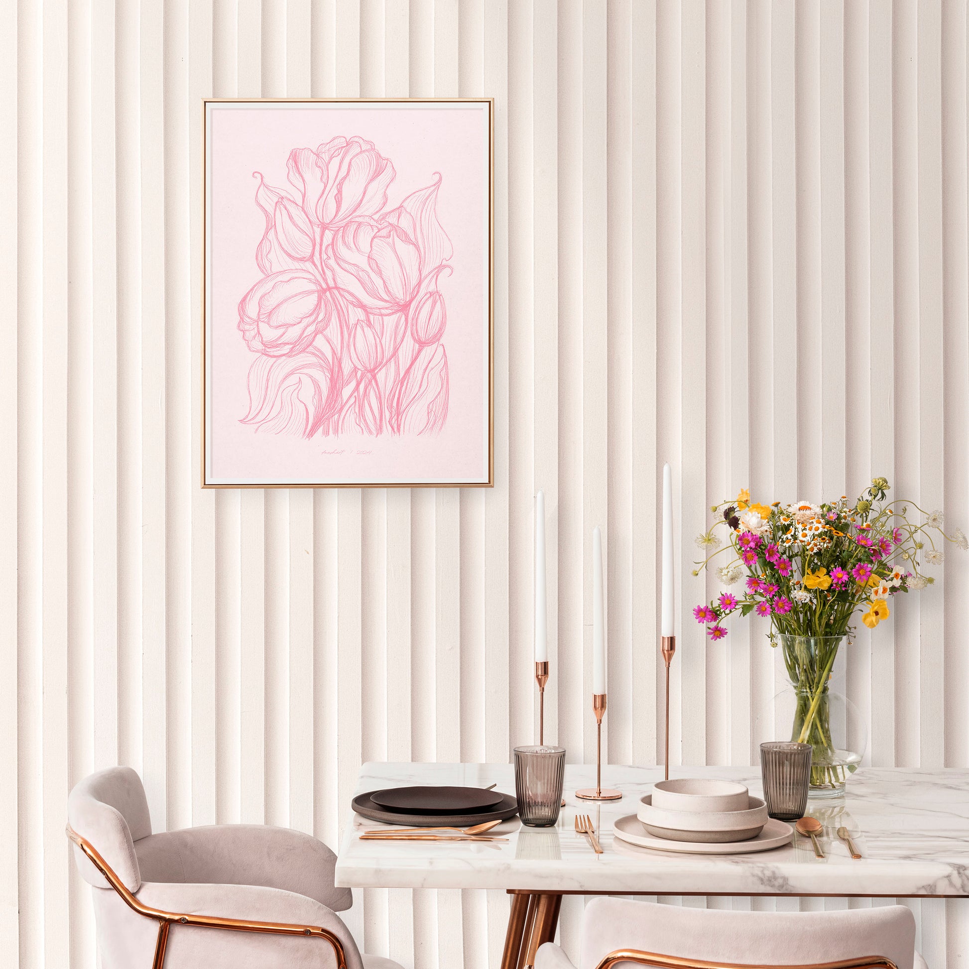 Spring trendy pink wall art Hand drawn tulips flower sketch Line floral large botanical poster Printable neutral prints Bedroom living room decor digital instant download