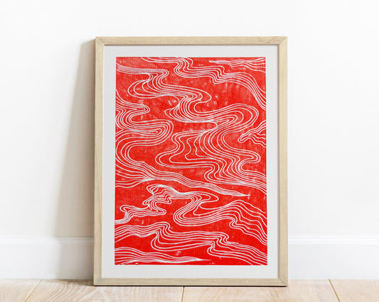 Red abstract japanese clouds Linocut print for Nature lover gift UNFRAMED Housewarming gift New home gift Living room or bedroom decor 16x12 Original artwork Classical wall decor