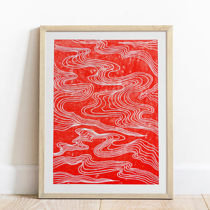 Red Abstract Japanese Cloud Linocut Print Original Artwork Printmaking Modern Living Contemporary Bedroom Home Gift Minimal Holiday Decor One of a kind hand carved, wall hanging, unique Vintage art, unique wall art, trendy wall art, thank you gift boss, teacher appreciation gift, Summer wall art, large wall art, sister in law gift, shelf decor, self gift, rustic artwork, Retro scandinavian artwork, handprint, retirement gift, Relief, realtor closing gift, Printmaking, original illustration contemporary