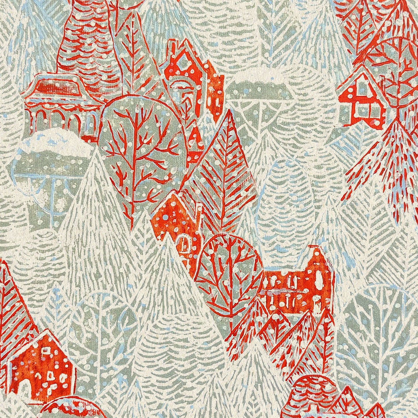 Retro Winter Forest Snow Red House Village Printable Linocut Prints Christmas Festive Toddler Reading Nook Wall Art Decor Digital Poster