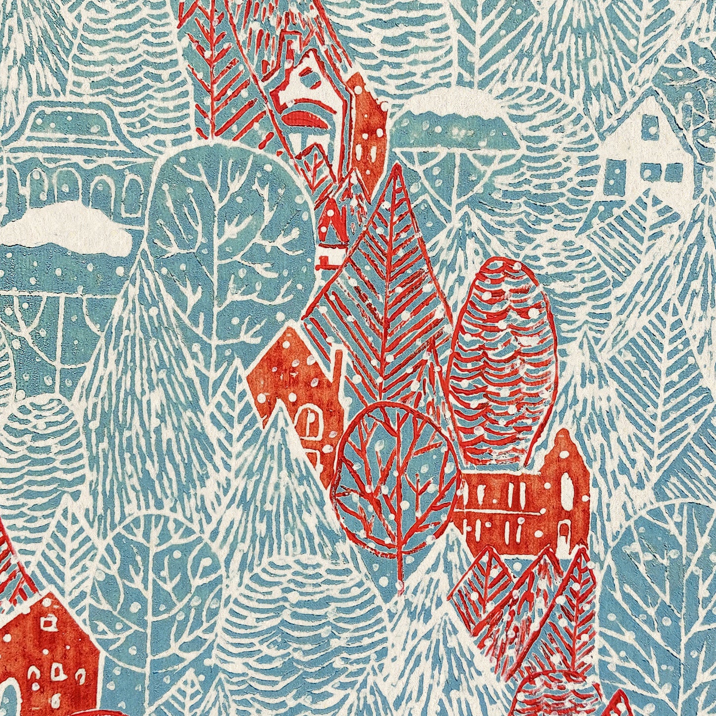 Light blue retro winter blue forest snow red house village printable wall art large linocut prints festive kids room master bedroom decor digital poster rustic christmas funny lino fine art linogravure instant download lovers present farm dining room holiday season foraged self gift affordable nature thank you mom aesthetic home office housewarming new downloadable hanging moody kitchen dorm laundry mom mother grandmother sister wife women hostess girlfriend toddler room xmas kitchen entryway
