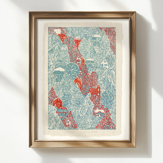 Light blue retro winter blue forest snow red house village printable wall art large linocut prints festive kids room master bedroom decor digital poster rustic christmas funny lino fine art linogravure instant download lovers present farm dining room holiday season foraged self gift affordable nature thank you mom aesthetic home office housewarming new downloadable hanging moody kitchen dorm laundry mom mother grandmother sister wife women hostess girlfriend toddler room xmas kitchen entryway