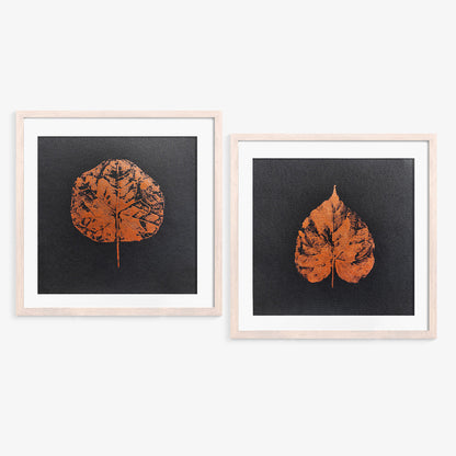Minimalist Rose Gold Leaves Gallery Wall Set of 2 Monotype Print Cottagecore Wall Art Botanical Artwork Rustic Living Monoprint One of a Kind Fall Gift for Her, Entryway Decor, Botanical Gift for Coworker, Gratitude Gift for Mentor, Eco Friendly Thank You Gift, Rustic Handmade Gift