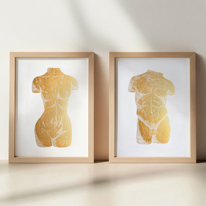 gallery wall set of 2 linocut print linogravure gold male female antique sculptures classical style original artwork bedroom wall decor christmas gift couple anniversary gift lino Linogravure wall hanging, unique wall art, trendy, thank you gift, boss, teacher appreciation gift, Summer, Spring wall art, sister in law gift,&nbsp; self gift, rustic wall art, retirement, Relief print, realtor closing gift, Printmaking art, plant lover gift, original illustration, original artwork, one of a kind