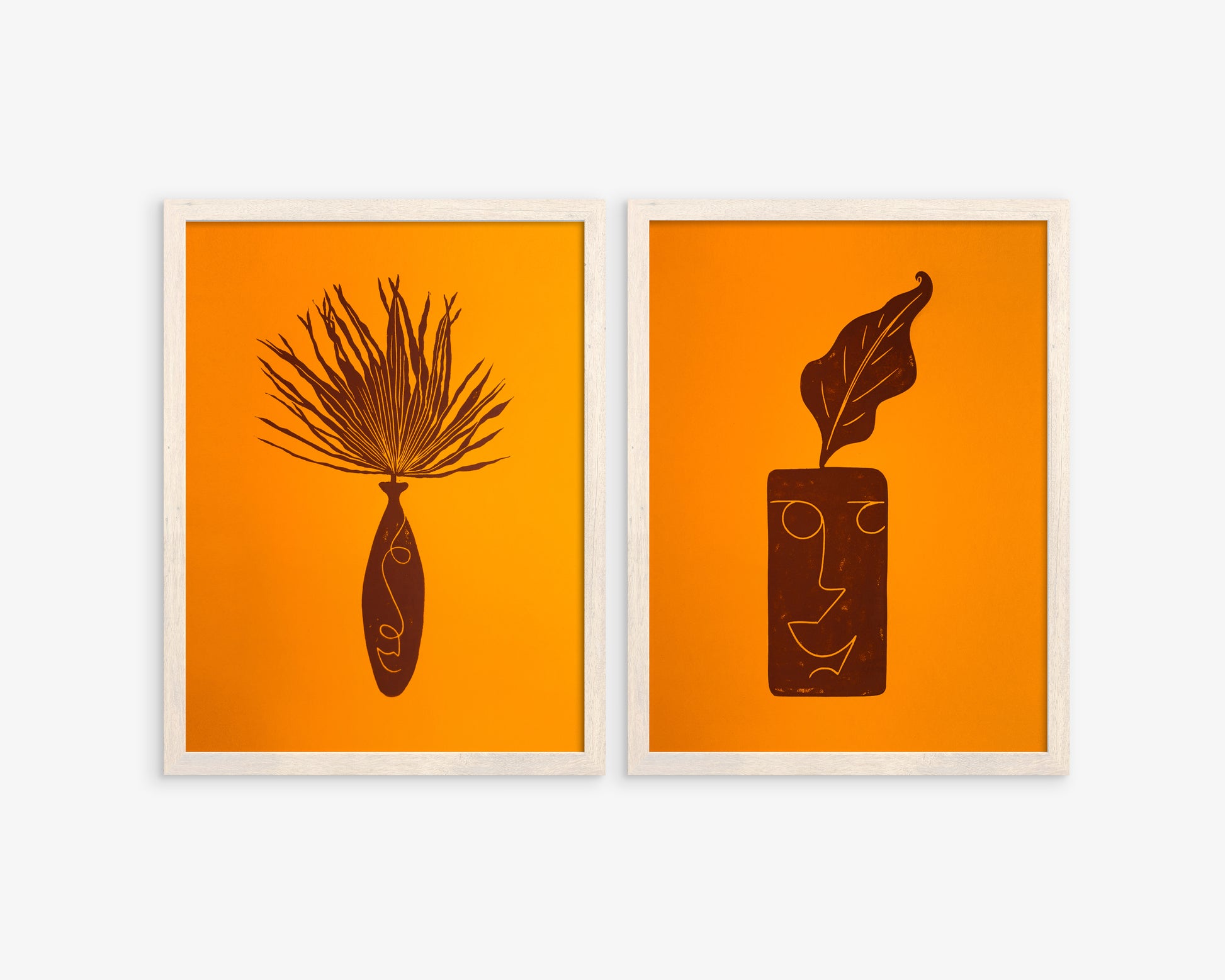 Gallery wall set of 2 Linocut print Yellow and brown His and her face vase and funny plant for New home gift, houswarming gift, new home gift for living room or bedroom / printmaking, lino print, linogravure, original artwork, block relief print wall art