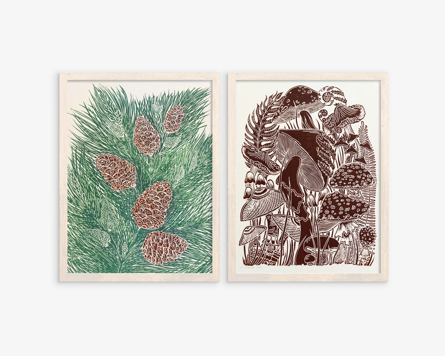 Gallery wall set of 2 Botanical brown vintage mushroom and Green cones trees Linocut print UNFRAMED / lino print / printmaking / linogravure / original artwork for modern kitchen autumn art / farm kitchen / dining room