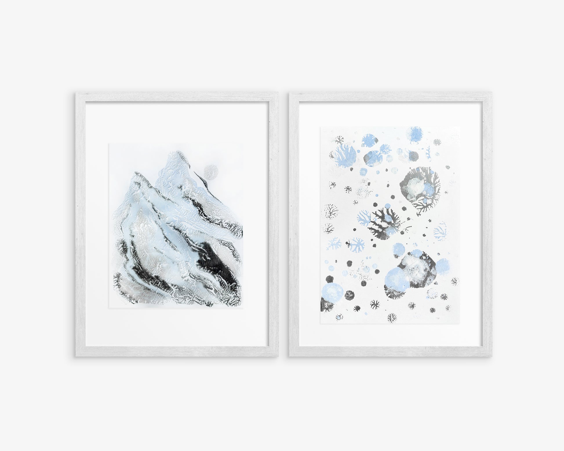 Gallery wall set of 2 Monotype prints Abstract mountains and snow Holiday winter wall art Original simple artwork for Nature lover gift, Relief print, noel decoration, Neutral festive art, Bedroom wall decor, painting, printmaking art, handmade art print