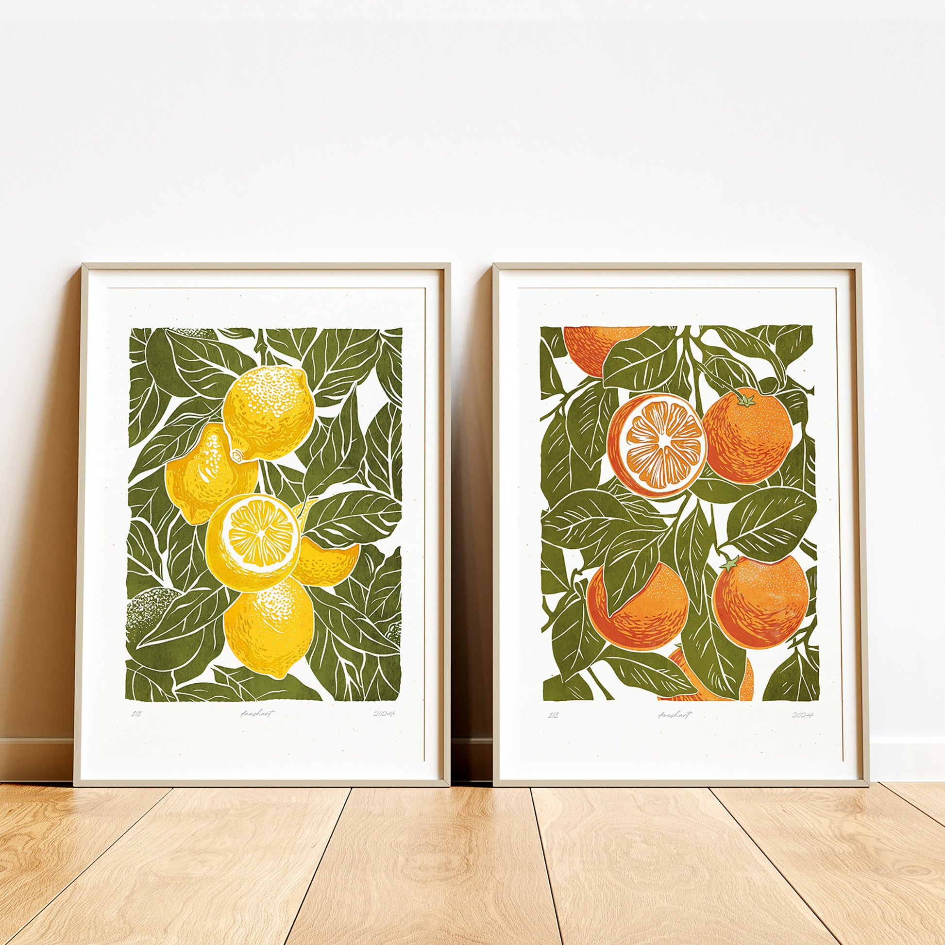 Gallery wall set of 2 Sage green oranges and lemons fruits «Sagreen Lemoranges» Printable linocut wall art posters prints, illustration printable wall art, digital poster, nature, rustic, floral, flower, plant, leaf, leaves, digital download, digital product, downloadable art, wall hanging, unique wall art, contemporary art, large prints, moody wall art, trendy wall art, aesthetic wall art, bedroom wall decor, modern kitchen art, dining room decor, botanical poster, cottagecore, rustic, farmhouse, farm