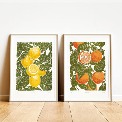 Gallery wall set of 2 Sage green oranges and lemons fruits «Sagreen Lemoranges» Printable linocut wall art posters prints, illustration printable wall art, digital poster, nature, rustic, floral, flower, plant, leaf, leaves, digital download, digital product, downloadable art, wall hanging, unique wall art, contemporary art, large prints, moody wall art, trendy wall art, aesthetic wall art, bedroom wall decor, modern kitchen art, dining room decor, botanical poster, cottagecore, rustic, farmhouse, farm