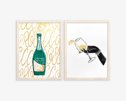 Gallery wall set of 2 Linocut prints Prosecco and Women hand with glass of white wine Holiday winter wall art Modern kitchen, Gift for girlfriend, printmaking art, handmade print, relief block print, Alcohol poster, Christmas artwork, dining room decor