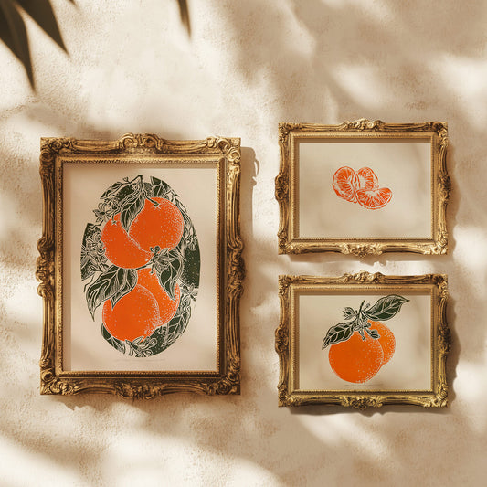 vintage clementine fruits linocut print gallery wall set of 3 mandarin slice original artwork modern kitchen art chateaucore decor thank you gift lino linogravure dining room decor wall hanging, Vintage art, unique wall art, trendy wall art, thank you gift boss, teacher appreciation gift, Summer wall art, sister in law gift, shelf decor, self gift, Sage green color, rustic artwork, Retro artwork, retirement gift, Relief print, realtor closing gift, Printmaking