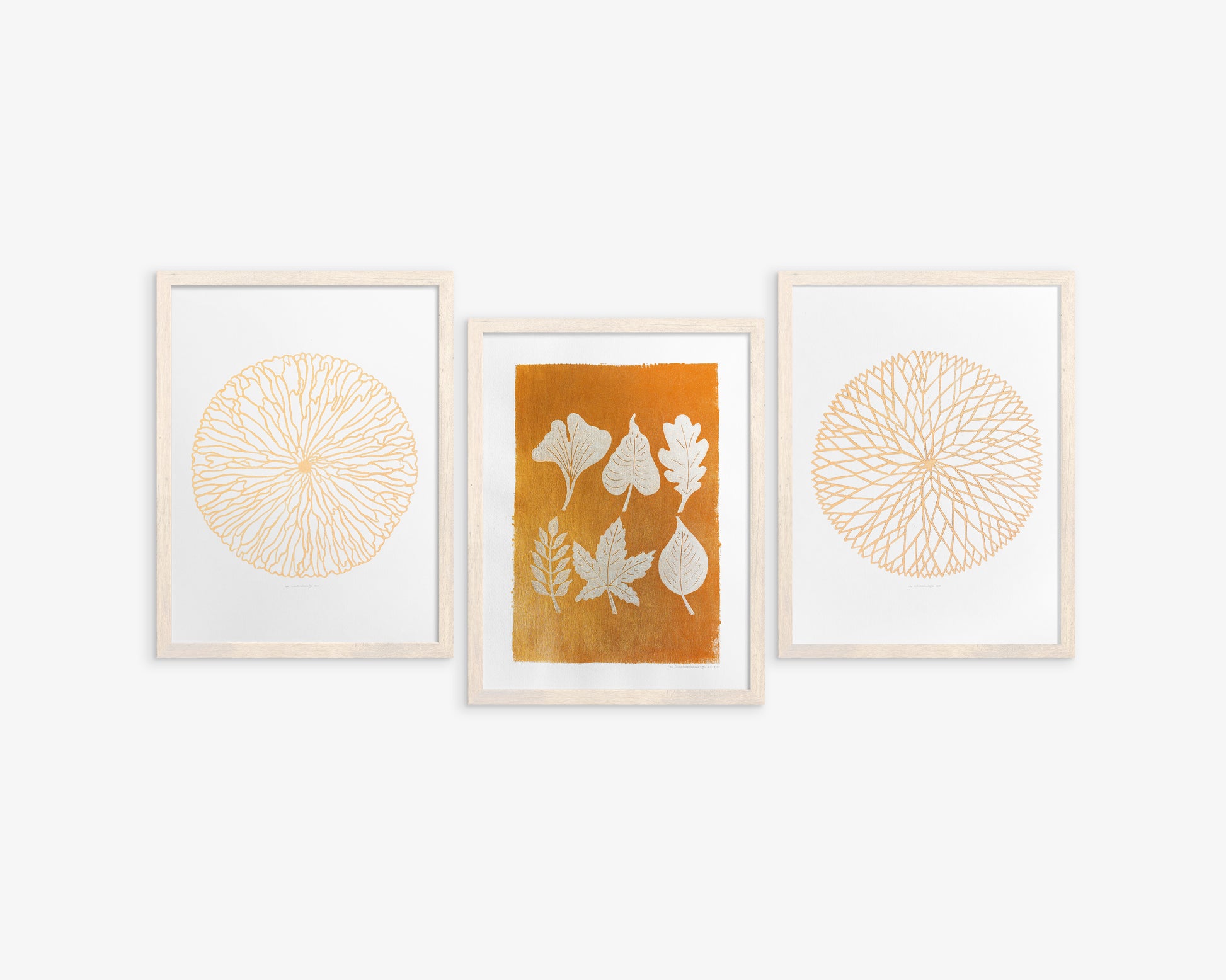 Gallery wall set of 3 Autumn leaves and Abstract flower Linocut print for Nature lover gift UNFRAMED / Gallery wall set of 2 Brown gold orange leaves Botanical linocut print Nature lover gift UNFRAMED / original artwork, relief print, printmaking art, lino print, linogravure, handmade wall art, new home gift, farmhouse decor, houswarming gift, living room wall art, dining room art, farm kitchen art, bedroom wall decor, autumn art, fall wall art, seasonal wall decor, aesthetic wall art