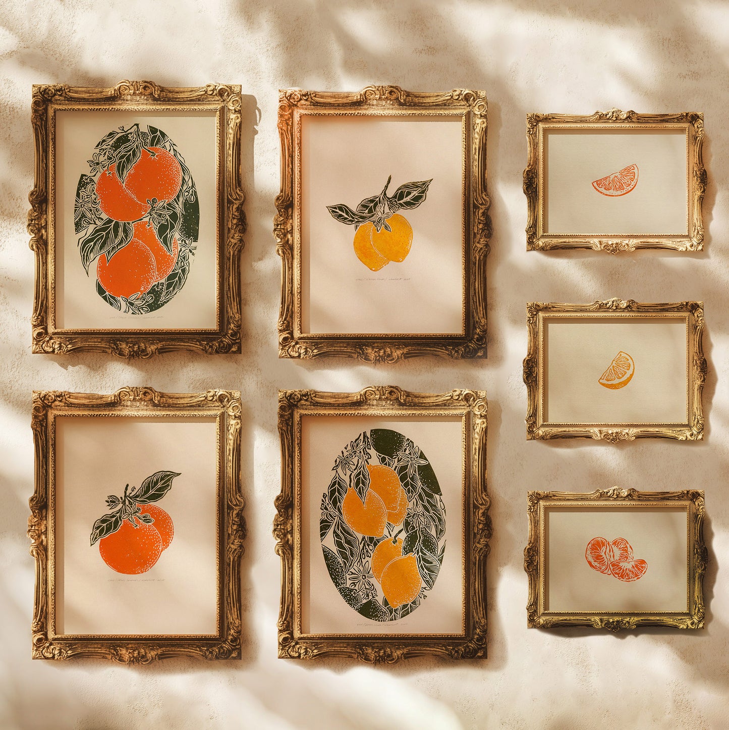 gallery wall set linocut print vintage fruits orange clementine lemon slices mandarin original artwork modern kitchen botanical dining room decor citrus above bed decor set of 7 cottagecore lino nature lover linogravure christmas new home thoughtful autumn summer yellow sage green plant office grandmother housewarming bedroom living room relief thanksgiving table teacher new apartment handprinted entryway farmhouse mom wife girlfriend sister godmother Thank You Coworker Say Thanks Present