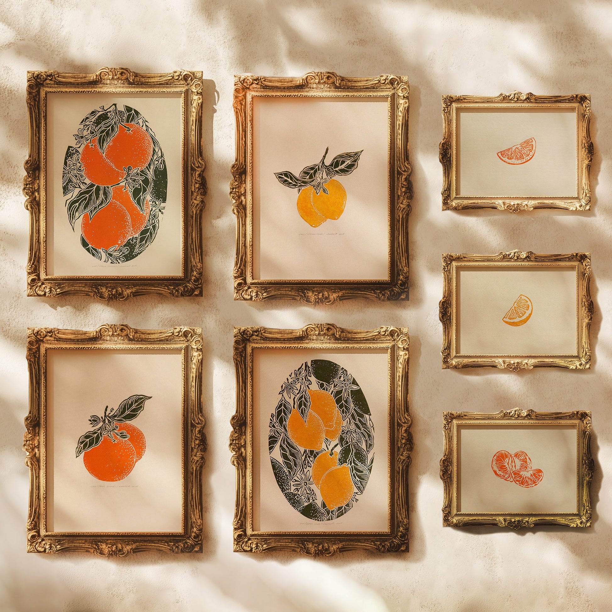 gallery wall set linocut print vintage fruits orange clementine lemon slices mandarin original artwork modern kitchen botanical dining room decor citrus above bed decor set of 7 cottagecore lino nature lover linogravure christmas new home thoughtful autumn summer yellow sage green plant office grandmother housewarming bedroom living room relief thanksgiving table teacher new apartment handprinted entryway farmhouse mom wife girlfriend sister godmother Thank You Coworker Say Thanks Present