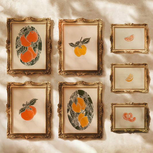gallery wall set linocut print vintage fruits orange clementine lemon slices mandarin original artwork modern kitchen botanical dining room decor citrus above bed decor set of 7 cottagecore lino nature lover linogravure christmas new home thoughtful autumn summer yellow sage green plant office grandmother housewarming bedroom living room relief thanksgiving table teacher new apartment handprinted entryway farmhouse mom wife girlfriend sister godmother Thank You Coworker Say Thanks Present