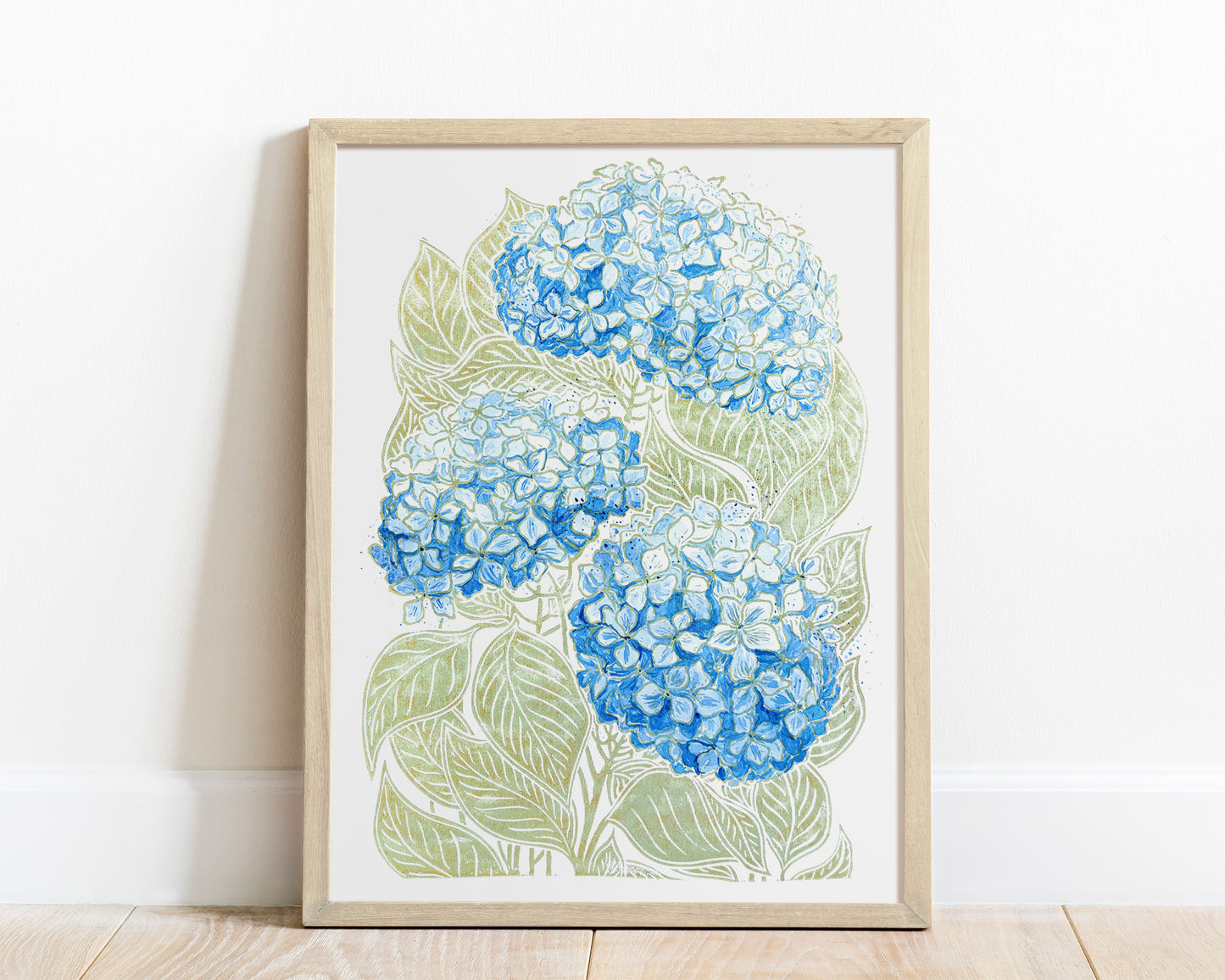 Summer wall art Watercolor hydrangea Blue green flower and plant Linocut print 12x16 Botanical decor Original artwork Housewarming gift