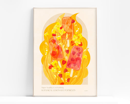 Botanical vintage lemonade popsicles poster Colorful summer for modern kitchen and dining room decor with Pink, red and yellow juicy strawberries, raspberries, and oranges