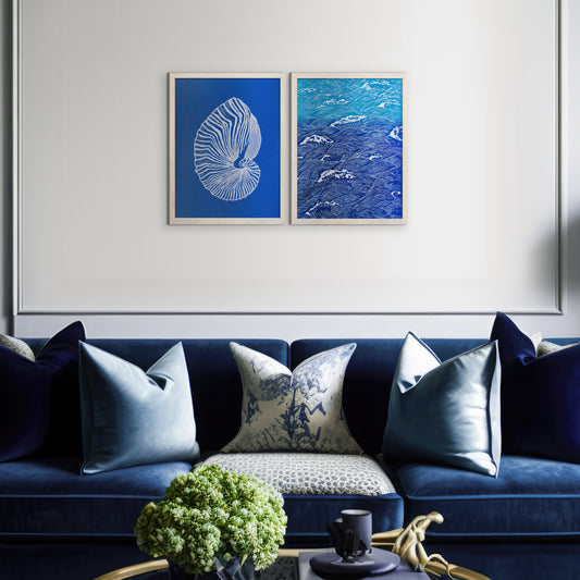 Gallery wall set of 2 Linocut print Blue ocean waves and sea shell wall art 12x16 for Nature lovers gift UNFRAMED / lino print / linogravure / original artwork / printmaking / hampton style / costal wall art / nautical wall art for bedroom, living room, bathroom / classical wall art