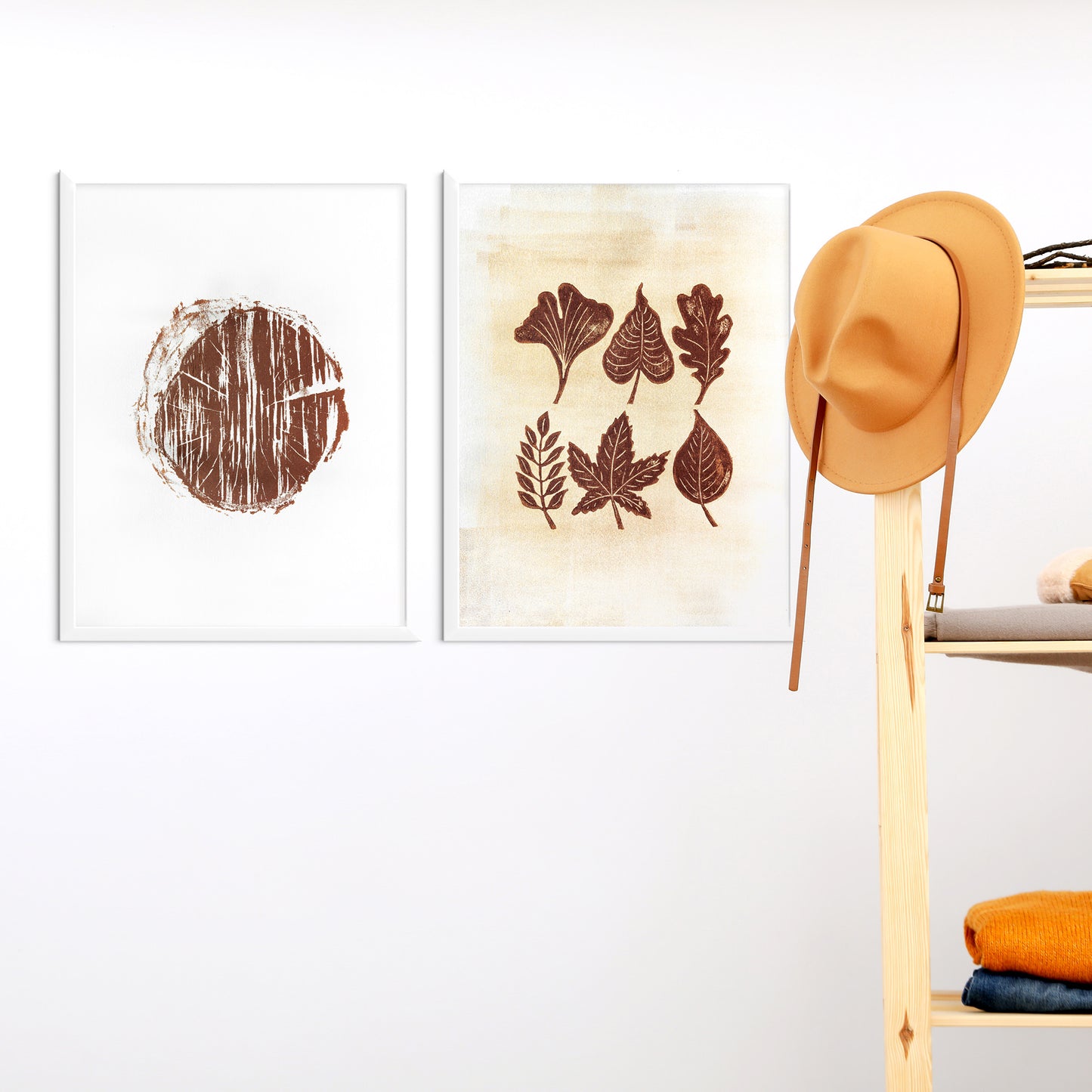 gallery wall set of 2 linocut print woodblock leaves wood slice original artwork cottagecore autumn wall art bedroom decor one of a kind farmhouse gift linogravure printmaking  entryway nature lover gift, Handprinted Thanksgiving Gift, handprint art, mothers day gift ideas, mothers day gift from daughter, Cottagecore Christmas,&nbsp;Autumn Entryway Decor mothers day gift, Thoughtful Autumn Gift , mother in law gift, Unique Thank You Present, mom birthday gift, Warm Earth Tones