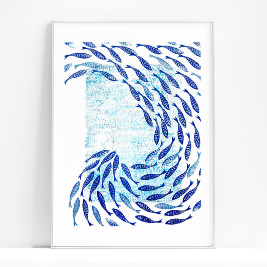 Printable blue mini fish Linocut and monotype prints nautical hampton printable wall art, digital poster, digital download, digital product, downloadable art, monotype prints, wall hanging, unique wall art, contemporary art, relief textured, abstract art prints, minimalist wall art, large wall art, moody wall art, trendy wall art, aesthetic wall art, bedroom wall decor, modern kitchen art, dining room decor, bathroom prints, living room