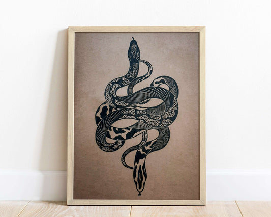 Boho black antique snake Linocut print for New home gift UNFRAMED Housewarming gift New home gift Living room bedroom decor 16x12 Original artwork Classical wall decor