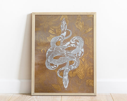 Craft, white and gold floral snake magnolia flowers Linocut print for Nature lover gift UNFRAMED Housewarming gift New home gift Living room or bedroom decor 16x12 Reptile Original artwork Classical wall decor