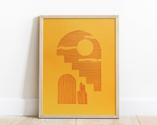 Unique yellow and orange arch with sun and cactus line shapes artwork for Western home decor UNFRAMED for living room, or bedroom original artwork