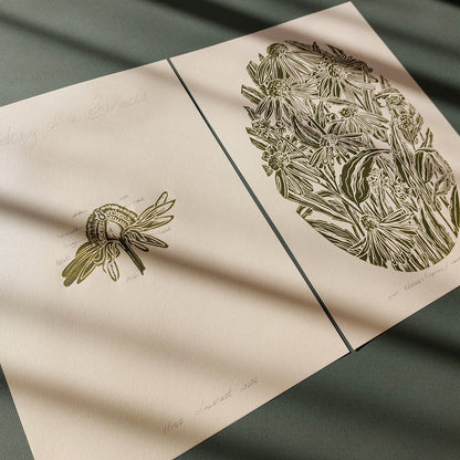 gallery wall set of 2 piece vintage anatomy echinacea purpurea flowers retro linocut print original artwork poison botanical master bedroom window nook decor sister gift floral lino rustic linogravure Sage green monochrome herb botanical 
DOMESTIC POETRY, window nook decor, old european, eat in kitchen wall art, domestic still life, study room wall art, hearth and home, gallery wall hallway, Modern kitchen art Mid century modern long distance gift living room wall art minimalist Living room wall art