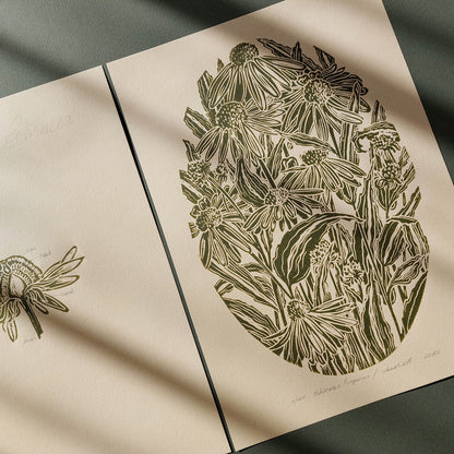 gallery wall set of 2 piece vintage anatomy echinacea purpurea flowers retro linocut print original artwork poison botanical master bedroom window nook decor sister gift floral lino rustic linogravure Sage green monochrome herb botanical 
nordic nature, housewarming gift new apartment gift nature print nature lover gift mothers day gift ideas mothers day gift from daughter workspace wall decor, mothers day gift forestcore wall art, woodland botanical print, herbalism, wild herbs, mother in law gift mom 