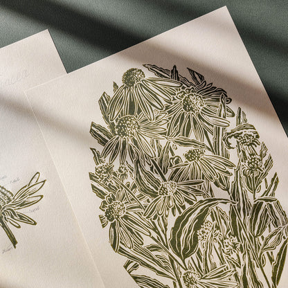 gallery wall set of 2 piece vintage anatomy echinacea purpurea flowers retro linocut print original artwork poison botanical master bedroom window nook decor sister gift floral lino rustic linogravure Sage green monochrome herb botanical staircase mother romantic vintage focal point relief handprint cottagecore living hostess farmhouse mother grandmother professor home office workspace handmade nature lover farm room dining entryway kitchen dorm mom wife woman girlfriend godmother apartment