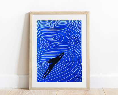Girl swimming and Abstract blue water Linocut print art for Bedroom wall decor UNFRAMED for summer vibe in your bedroom, bathroom, living room, original artwork