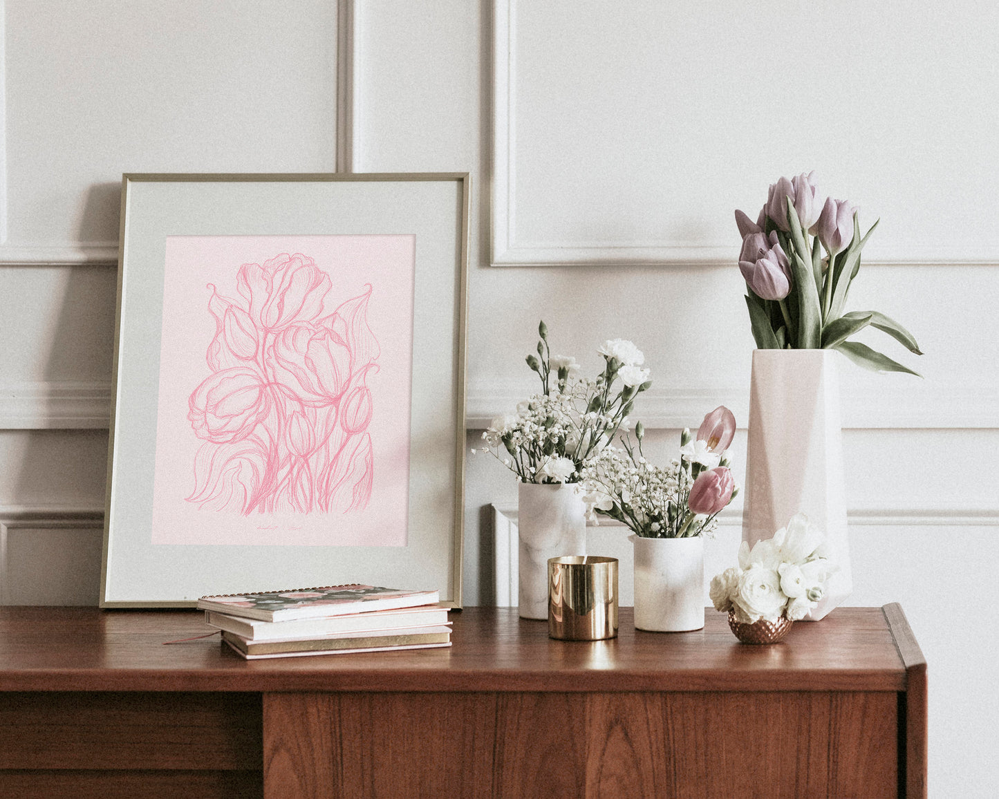 Spring trendy pink wall art Hand drawn tulips flower sketch Line floral large botanical poster Printable neutral prints Bedroom living room decor digital instant download