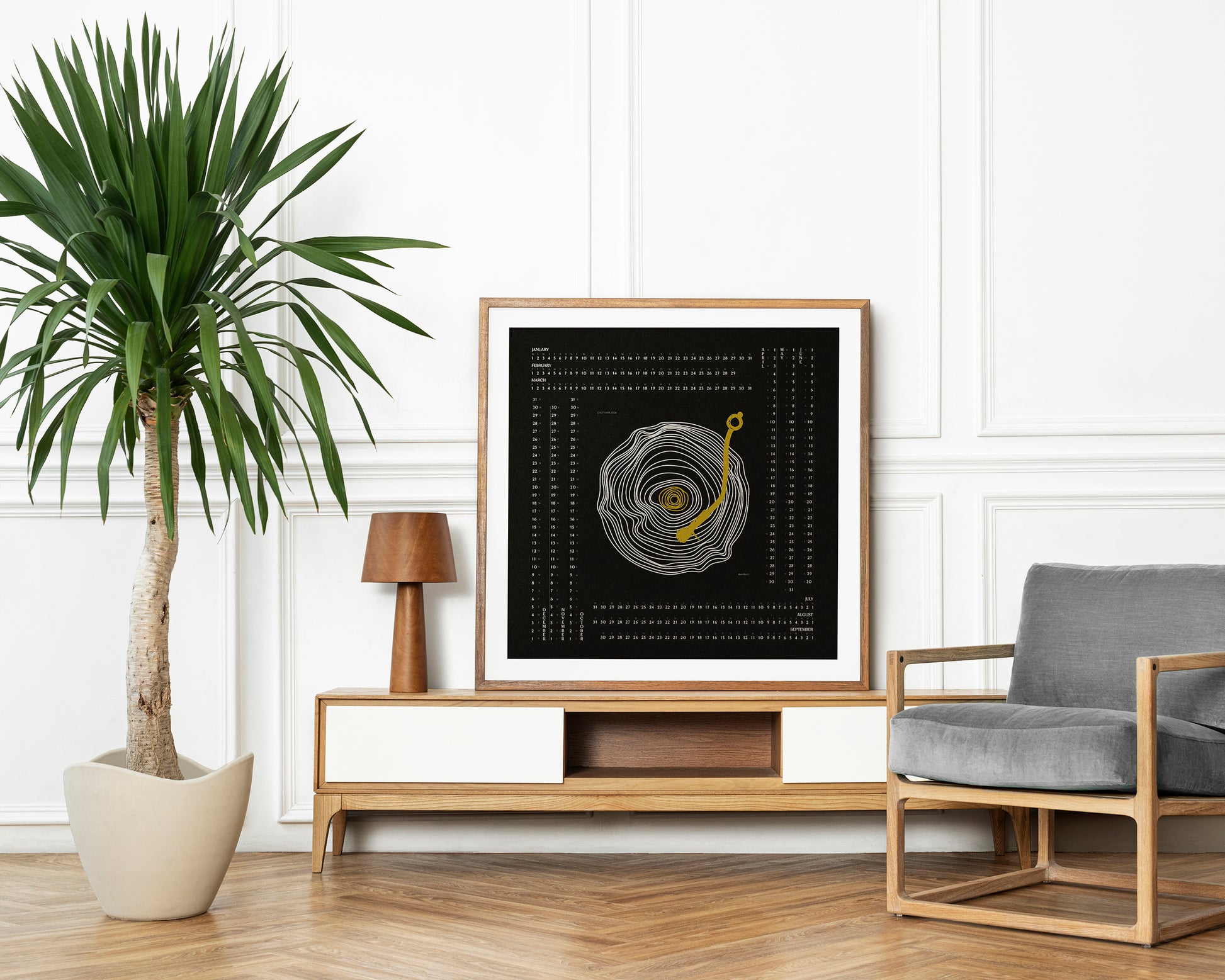 Black abstract line vinyl record Printable yearly calendar 2024 square poster Mid century wall art Music lovers gift INSTANT DOWNLOAD, New home gift, northern hemisphere, Modern bedroom decor, Digital wall art, Mid century wall art decor
