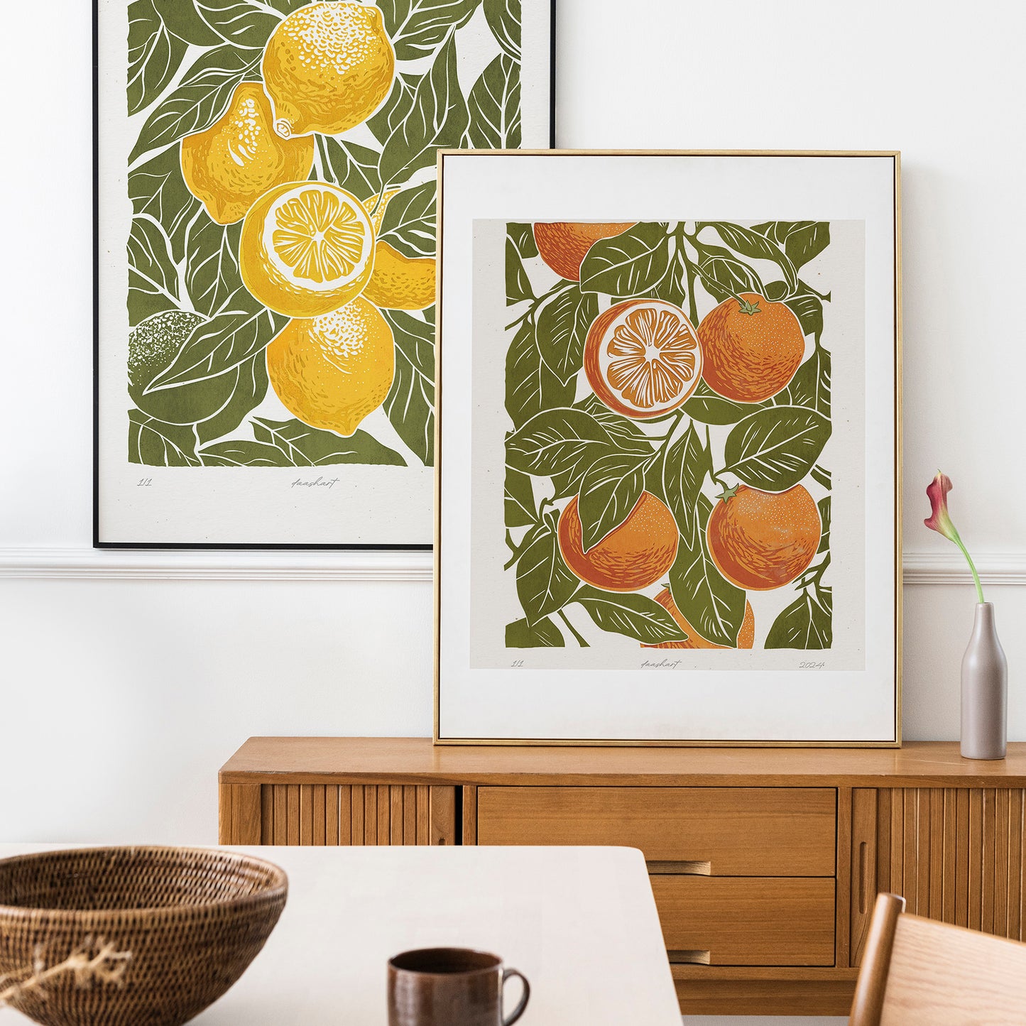 Gallery wall set of 2 Sage green oranges and lemons fruits «Sagreen Lemoranges» Printable linocut wall art posters anniversary gift, teacher appreciation gift, grandma gift, new mom gift, grandmother gift, gift for aunt, hostess gift, host gift, aunt gift, godmother gift, godparent gift, godfather gift, mother in law gift, daughter in law gift, sister in law gift, niece gift from aunt, new grandma gift, mothers day gift from daughter, mothers day gift ideas, gift for best friend female