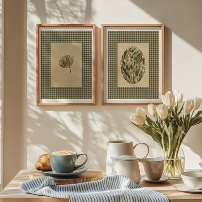 Retro Cottagecore Sage Green Gingham Tulips Flowers Linocut Prints Floral Printable Master Bedroom Wall Art Checkered Decor Digital Poster Gallery wall set of 2 
 wellness home gift unique, heirloom gift, wellness home decor, bathroom prints, vintage poster, earthy green tones, grandmother gift, new beginnings gift, slow life, grandma gift, farm reading nook, going away gift for coworker, chateaucore, godparent gift, godmother gift, neutral art, Whimsical, printable wall art, girlfriend gift