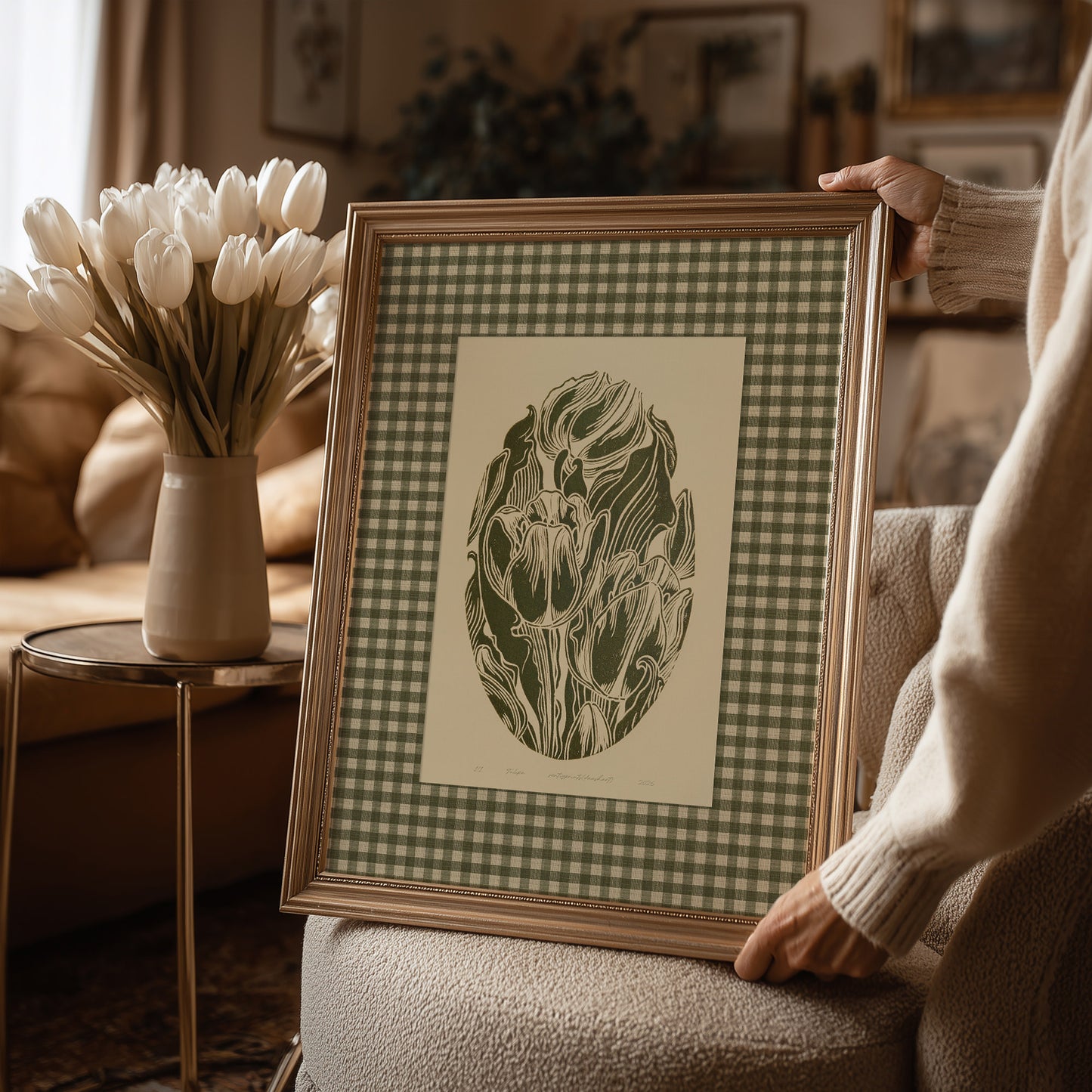 Retro Cottagecore Sage Green Gingham Tulips Flowers Linocut Prints Floral Printable Master Bedroom Wall Art Checkered Decor Digital Poster
wall hanging, Vintage art, trendy wall art, thank you gift boss, downloadable art, teacher appreciation gift, Summer wall art, sister in law gift, shelf decor, self gift, creative workspace, Folk botanical, rustic, Retro, retirement gift, contemporary, scandinavian, digital download, realtor closing gift, Xmas present, Woodland fairytale, plant lover gift