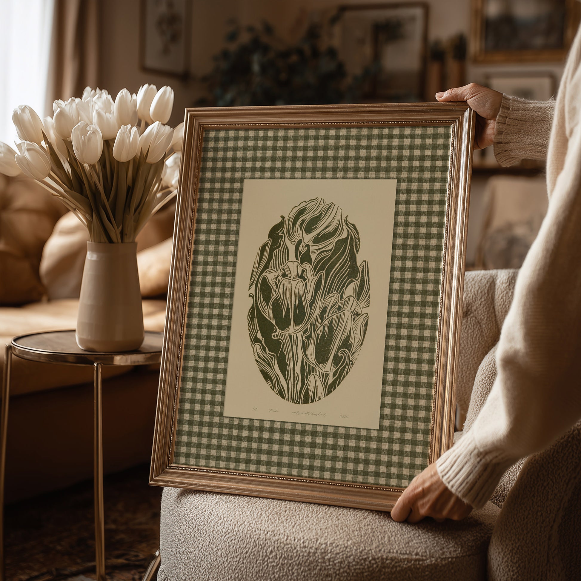 Retro Cottagecore Sage Green Gingham Tulips Flowers Linocut Prints Floral Printable Master Bedroom Wall Art Checkered Decor Digital Poster
wall hanging, Vintage art, trendy wall art, thank you gift boss, downloadable art, teacher appreciation gift, Summer wall art, sister in law gift, shelf decor, self gift, creative workspace, Folk botanical, rustic, Retro, retirement gift, contemporary, scandinavian, digital download, realtor closing gift, Xmas present, Woodland fairytale, plant lover gift