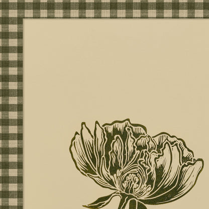 Printable Sage Green Gingham Peony Flower Linocut Prints Retro Cottagecore Chateaucore Checkered Wall Art Reading Nook Decor Digital Poster