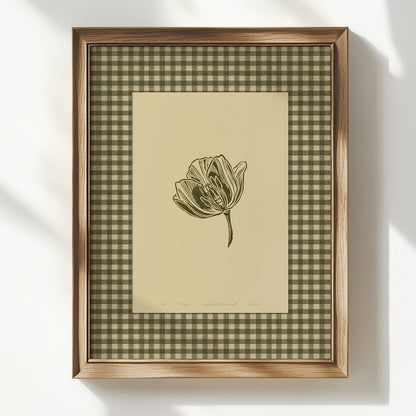 retro cottagecore printable wall art sage green color gingham tulip flower large linocut prints chateaucore decor checkered botanical powder room digital poster floral lino rustic linogravure instant download monoprints grand millennial modern kitchen monochrome mom gift antique illustration plant lover dining room hostess thank you table earth tones downloadable nature bedroom  housewarming farmhouse mother grandmother sister self wife women girlfriend Entryway reading nook laundry christmas