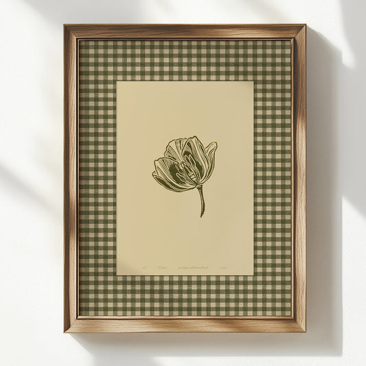 retro cottagecore printable wall art sage green color gingham tulip flower large linocut prints chateaucore decor checkered botanical powder room digital poster floral lino rustic linogravure instant download monoprints grand millennial modern kitchen monochrome mom gift antique illustration plant lover dining room hostess thank you table earth tones downloadable nature bedroom  housewarming farmhouse mother grandmother sister self wife women girlfriend Entryway reading nook laundry christmas