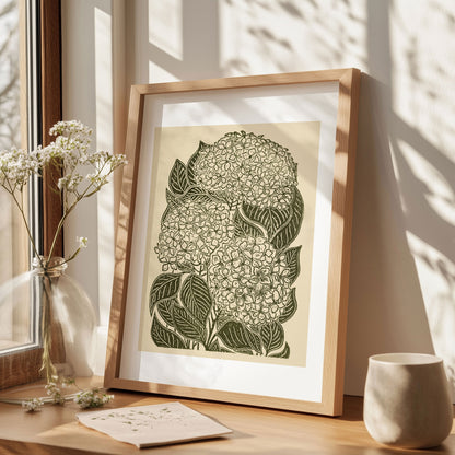 Retro Cottagecore Hydrangea Flowers Linocut Print Sage Green Floral Original Artwork Hallway Kitchen Wall Art Decor Autumn Grandmother Gift window reading nook  handprint relief, staircase wall art, home workspace wall art, nature lover gift, mothers day gift ideas, mothers day gift from daughter, powder room, engraving, etching, headboard wall art, hand printed, traditional printmaking art, mothers day gift, workspace, mother in law gift, great room wall decor, mom birthday gift, Modern kitchen art